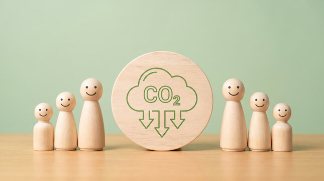 Wooden Peg Dolls Standing Beside a Circular Icon Representing Carbon Dioxide Emission Reduction and Environmental Sustainability