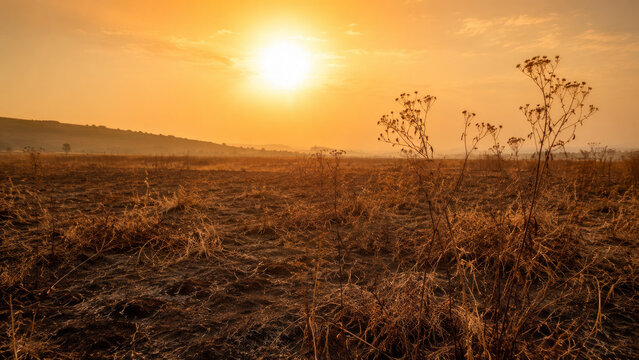 Dramatic sunset over a scorched field with dry grass and hazy orange sky during drought season