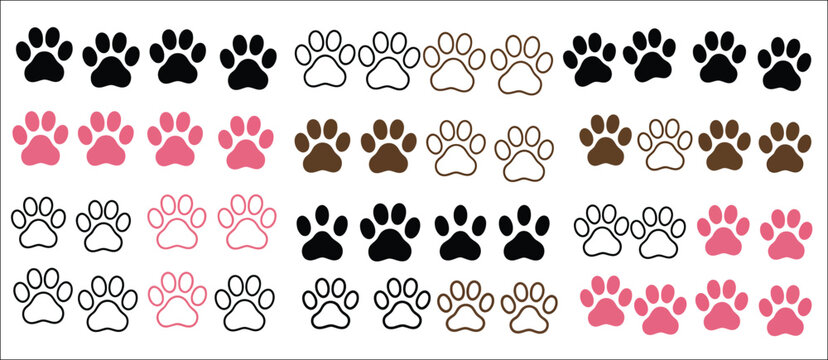 Hand drawn paw print collection with dog and cat footprints, cute animal trail marks, pet tracking symbols, and sketch style icons, vector, designs