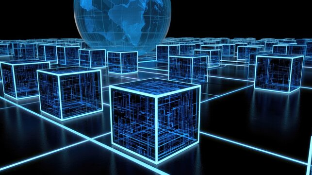 Digital globe above glowing interconnected data cubes on black background