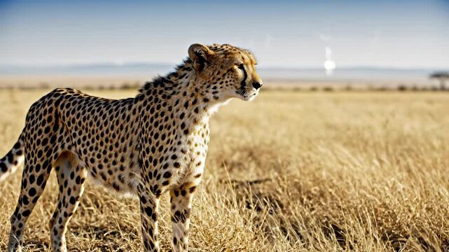 A majestic cheetah observes the vast horizon while standing alert amongst the golden dry grasses of the Kenyan savanna during a sunny afternoon throughout the expansive and beautiful great