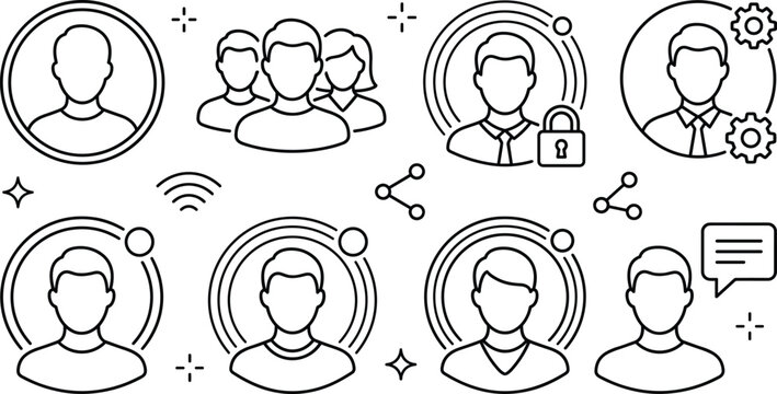 User avatar and profile vector line art icon set featuring account security management teamwork and communication elements