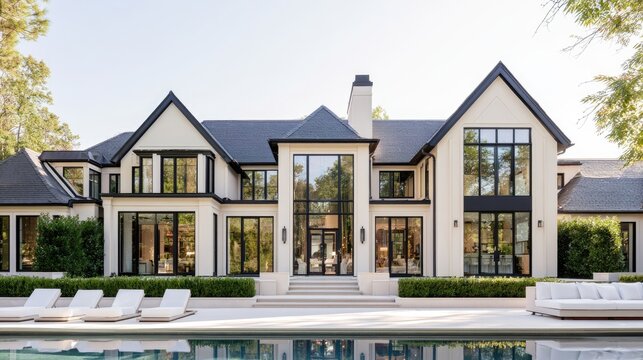 Elegant modern mansion with pool, large windows, and manicured landscaping
