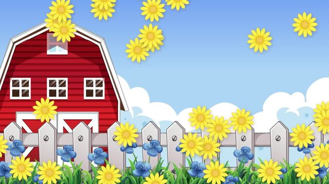 Animated Red Barn Farm Scene with Falling Yellow Flowers Background
