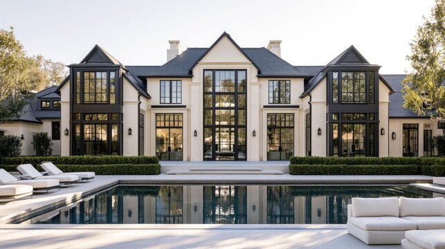 Modern mansion with swimming pool and lounge chairs, reflecting sunlight