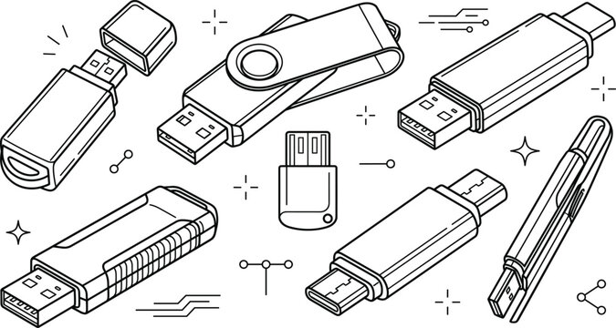 USB flash drive isometric vector icon set with line art computer memory stick data storage hardware devices