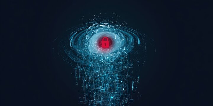 Digital vortex with a glowing red lock symbol at its center