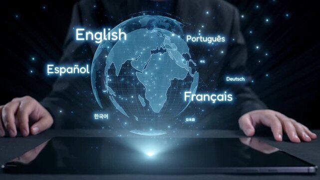 A visually striking representation of global language learning with a digital map showcasing multiple languages. The concept emphasizes technology and communication. Qubit