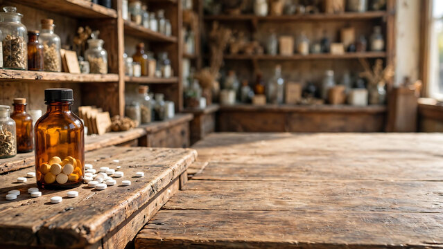 Vintage Apothecary Pharmacy Interior with Old Medicine Bottles and Pills on Wooden Table Background