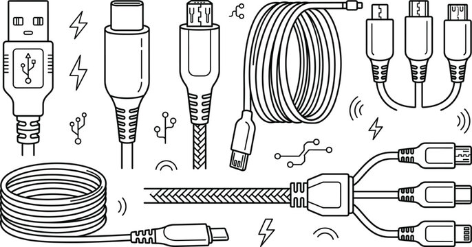 USB charging cable line icon set featuring Type C micro usb connectors data cords and adapter plugs on white background