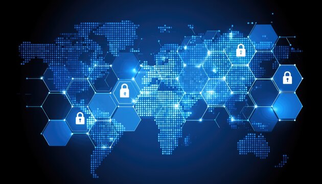 Digital world map with glowing hexagons and lock icons represents global cybersecurity