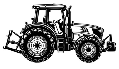 Detailed side view vector illustration of a modern agricultural farm tractor with hitch mechanism isolated on white background heavy industrial machinery graphic © MdIbrahimIslam