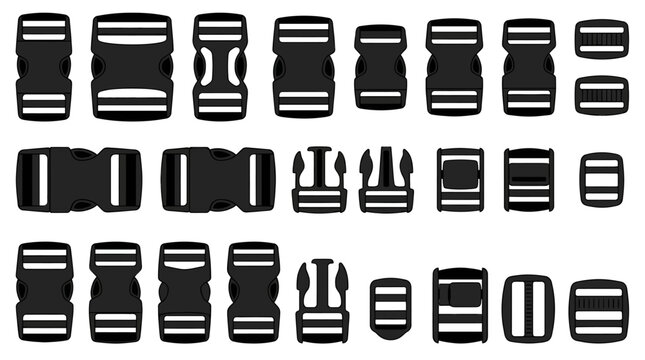 Assorted durable black polymer side release buckle set with secure strap fastener hardware for webbing adjustment isolated on white backdrop, essential gear component for luggage and rucksack.