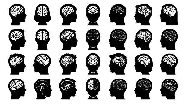 Medical vector grid set of human head silhouettes with detailed cross section brain anatomy views showing various neurological scans and psychological concepts