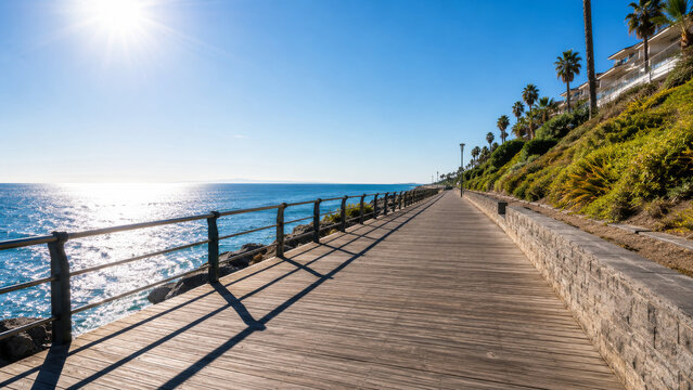 Serene coastal boardwalk stretching along oceanfront with clear skies with captures tranquil wooden boardwalk extending alongside sparkling ocean under bright