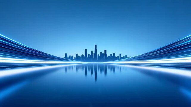 Abstract blue city skyline with light trails