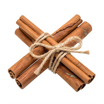 A bundle of organic cinnamon sticks tied with rustic twine string isolated on transparent background