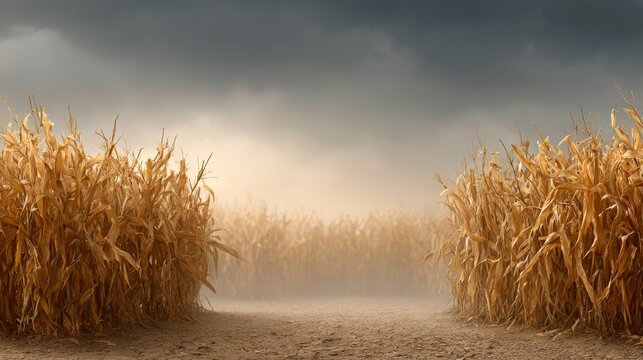 A desolate dirt path winding through a dry golden cornfield under a dark cloudy sky