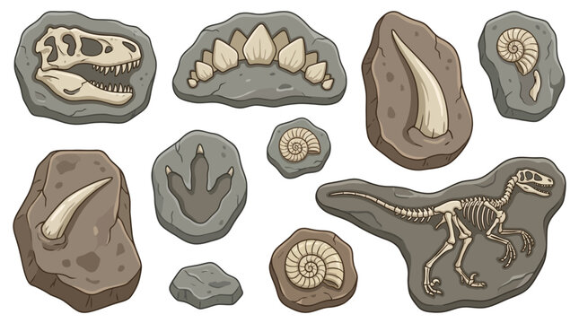 Large collection of fifty cartoon dinosaur fossils bones and prehistoric remains embedded in ancient stone rock textures isolated on white background for educational graphic design elements