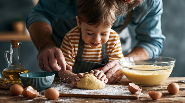 A child and parent cooking together, making dough in kitchen.