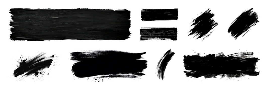 PNG Set of black brush strokes and paint swatches isolated, transparent background