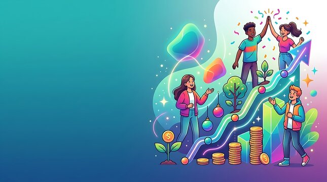 Diverse team celebrating financial growth on a rising chart