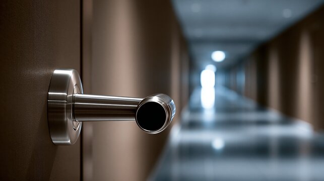A close-up of a modern door handle in a hotel hallway.