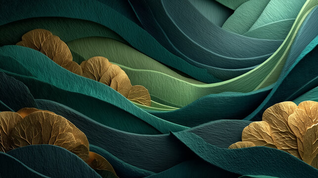 Luxury botanical abstract background featuring layered tropical leaves in emerald green, teal, deep blue, bronze, and metallic gold with rich paper-cut textures and elegant handcrafted details