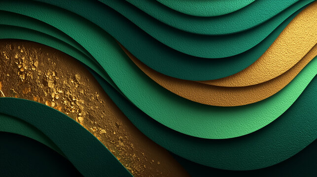 Luxury abstract background featuring layered emerald green and metallic gold flowing waves with premium embossed texture and elegant paper-cut style
