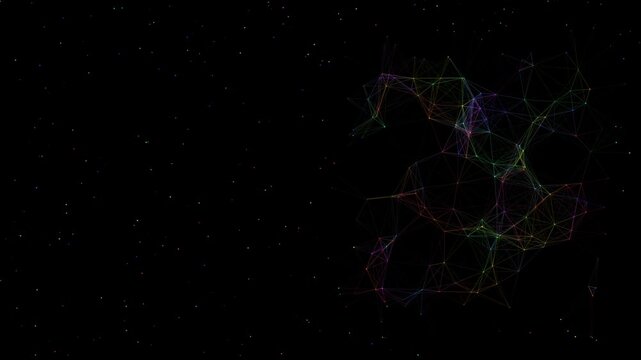 Futuristic plexus background with multicolored nodes and connections in a sci-fi style. Abstract digital neural network on a black background with copy space.