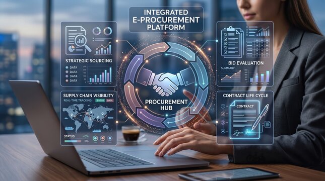 Integrated e-procurement platform concept showing strategic sourcing, bid evaluation, contract lifecycle management, and supply chain visibility dashboard with handshake icon fo...