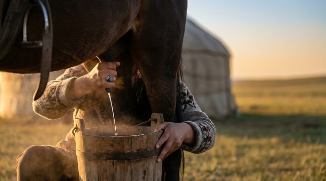 Woman milking a mare into a wooden bucket at sunset in the steppe