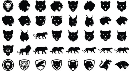 Big cat head and body silhouettes including lions tigers panthers and wild lynx predator graphics © Fensi