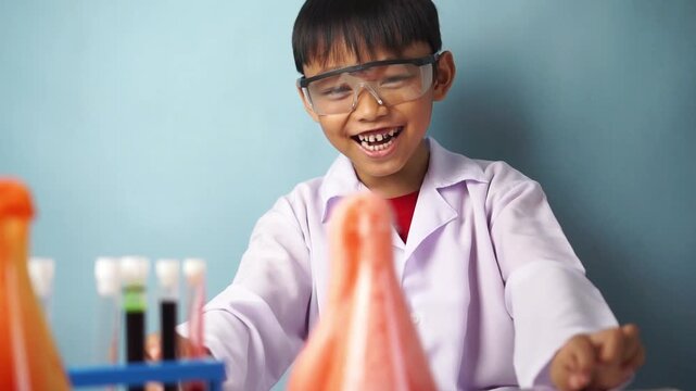 A cheerful young boy wearing safety goggles and a lab coat pours vinegar into a baking soda solution inside an Erlenmeyer flask during a hands-on science experiment, demonstrating a colorful chemical 