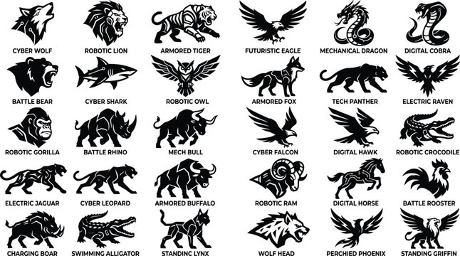 Set of vector illustrations representing mechanical and robotic animals for branding design projects