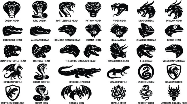 Reptile and dinosaur head silhouettes featuring cobras crocodiles lizards and prehistoric predators