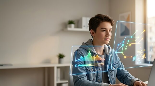 Teenager analyzing financial data on a futuristic holographic screen