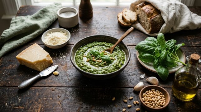 Freshly made pesto sauce with basil, pine nuts, and parmesan on a rustic table