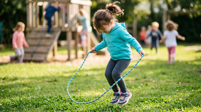 A young girl in a teal hoodie joyfully skips rope in a sunny park playground, surrounded by other children playing and a wooden jungle gym in the background.