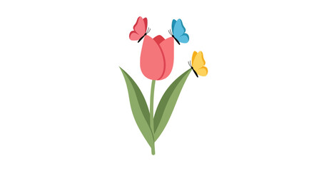 Fototapeta premium Pink tulip flower with colorful butterflies on green stem