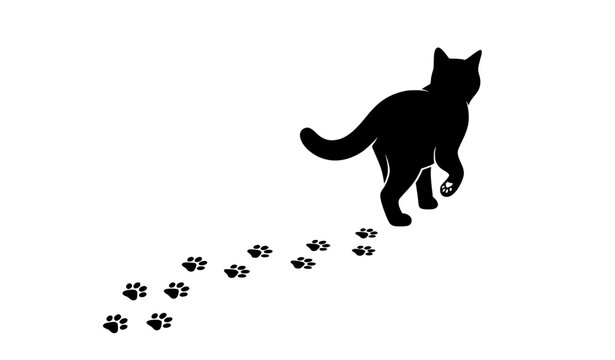 Dynamic black silhouette of a playful cat running away leaving a diagonal trail of clear paw prints isolated on clean white background vector illustration