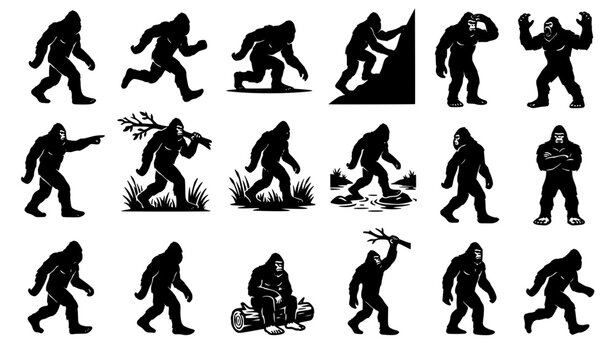 Collection of mythical bigfoot sasquatch silhouettes in creative poses climbing rocks carrying Christmas tree pointing and sitting by campfire isolated on white background vector set