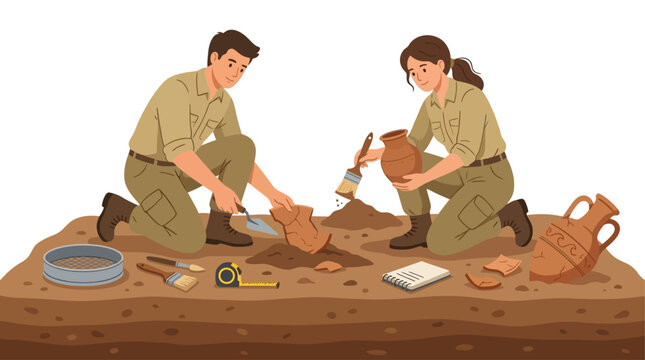 Group of professional archaeologists excavating historical artifacts using specialized tools near ancient pottery vessels, archaeological site simulation isolated on a white background.