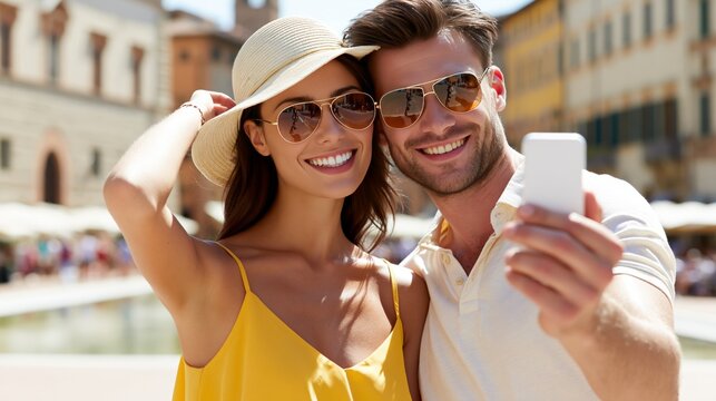 A joyful couple taking a selfie in a vibrant outdoor setting.