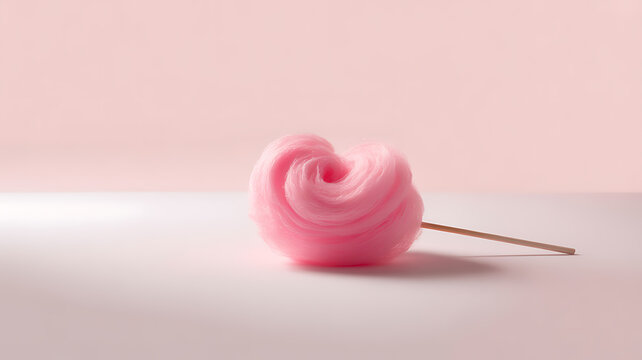 Pink cotton candy on a stick, resting on a light surface against a soft pink background