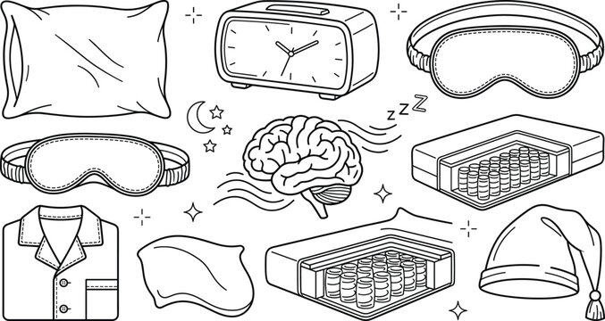 Healthy sleep line icon set featuring pillow alarm clock eye mask human brain mattress and pajamas on white background