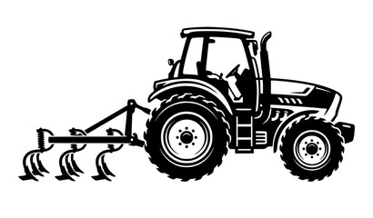 Modern agricultural farm tractor with attached soil plow disc cultivator side view detailed black vector illustration isolated on white background heavy machinery © MdIbrahimIslam
