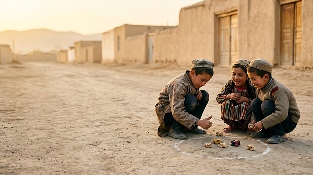 Children playing a traditional game on a dusty village street at sunset