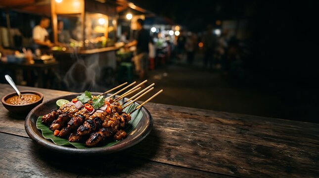 Grilled chicken satay with peanut sauce at a night market
