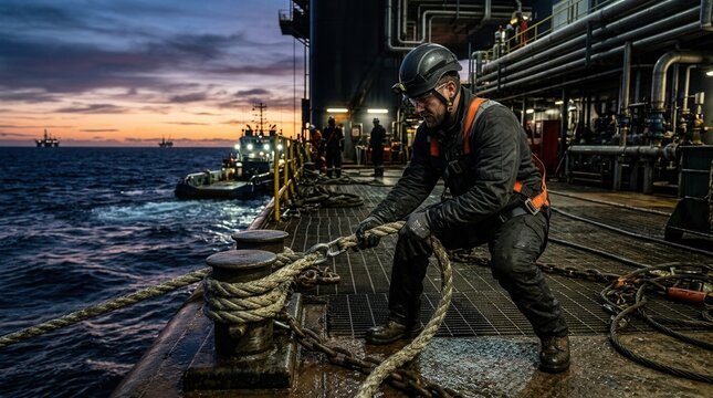 Offshore oil rig worker pulls rope on deck at sunrise with tugboat and oil platforms in background